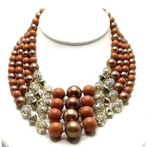 Vintage 40s Japan Faux Pearl Necklace Bronze Pumpkin Crystal 4 Strand Graduated